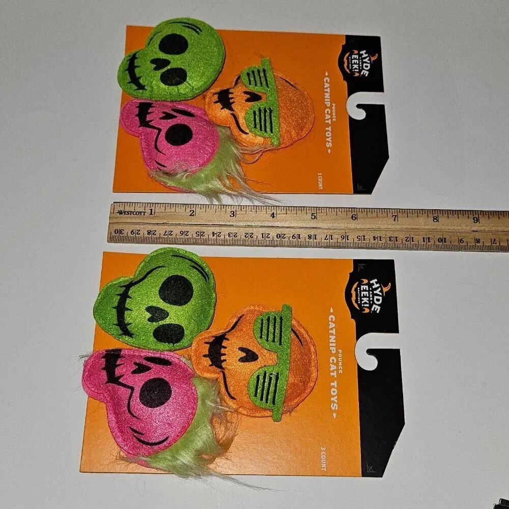 NEW 2 Pks Halloween Pet Pounce Catnip Cat Toys Lot Skeleton Skull Hyde & Eek